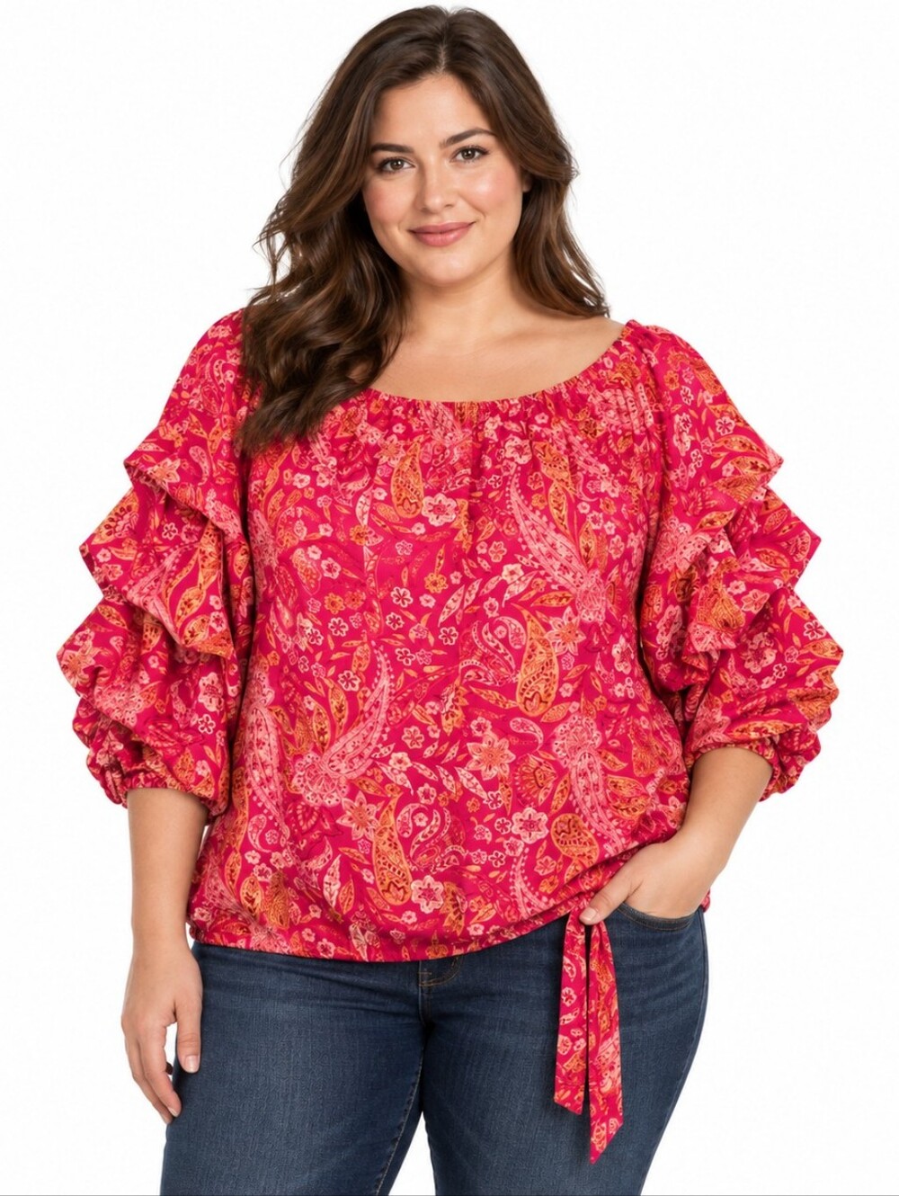 CeCe Pink Paisley Ruffle-Sleeve Boho Blouse XL